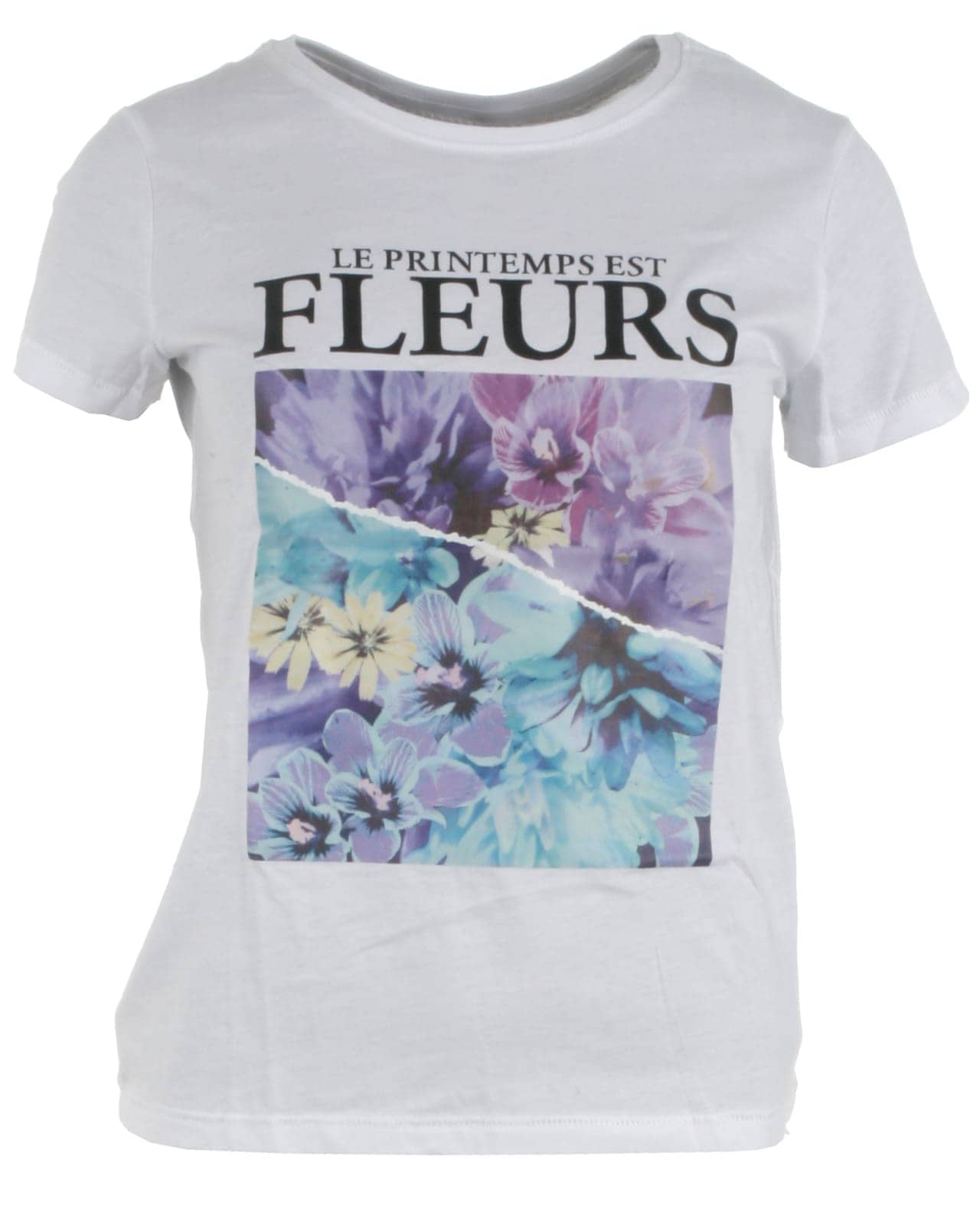 Hvid t-shirt med lilla og blå blomster og Fleur tekst fra Kids Only - model 15225517 Penelope - køb på umame.dk